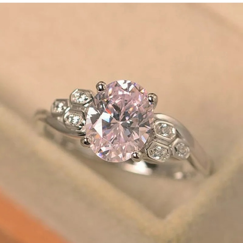Elegant 925 Silver Oval Cut Pink Sapphire Ring - Picture 2 of 5